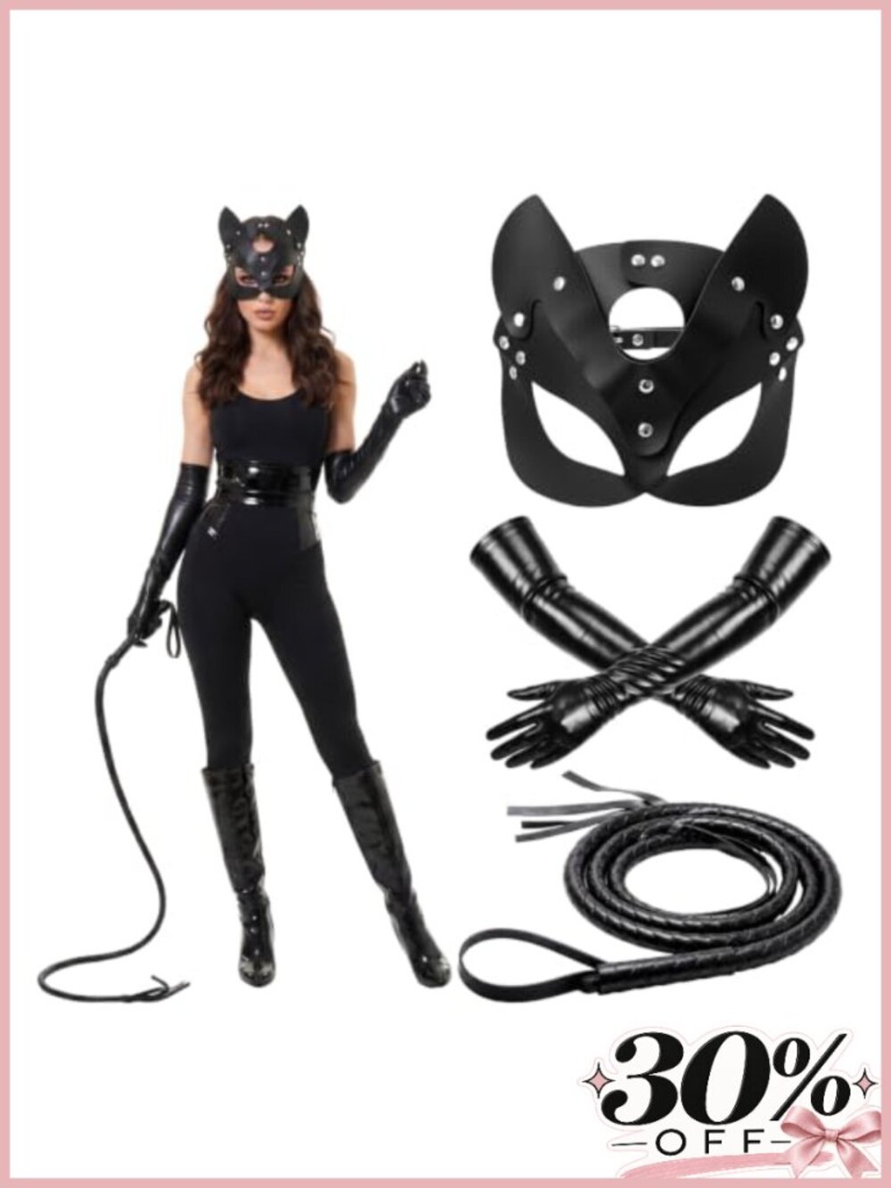 Faux Leather Cat Costume Accessory Set 3 Pc Cosplay Mask Gloves Whip
